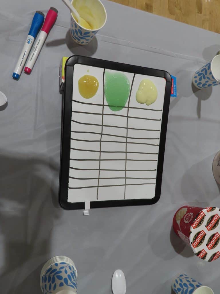 At the 2025 Annual Meeting, a whiteboard with brown grid lines displays blobs of colored substances. BioWRAP materials, markers, paper cups, yogurt containers, and plastic spoons are arranged on a gray tablecloth around it. - BioWRAP